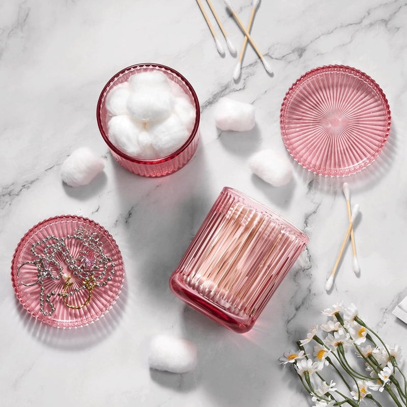 MKOSAB 2 Pack Qtip Holders for Bathroom, Clear Glass Apothecary Jars with Lids,Vintage Bathroom Canisters for Cotton Balls,Swabs,Floss Picks,Hair Ties,Vanity Organizer and Storage Decor (Pink) - Image 2
